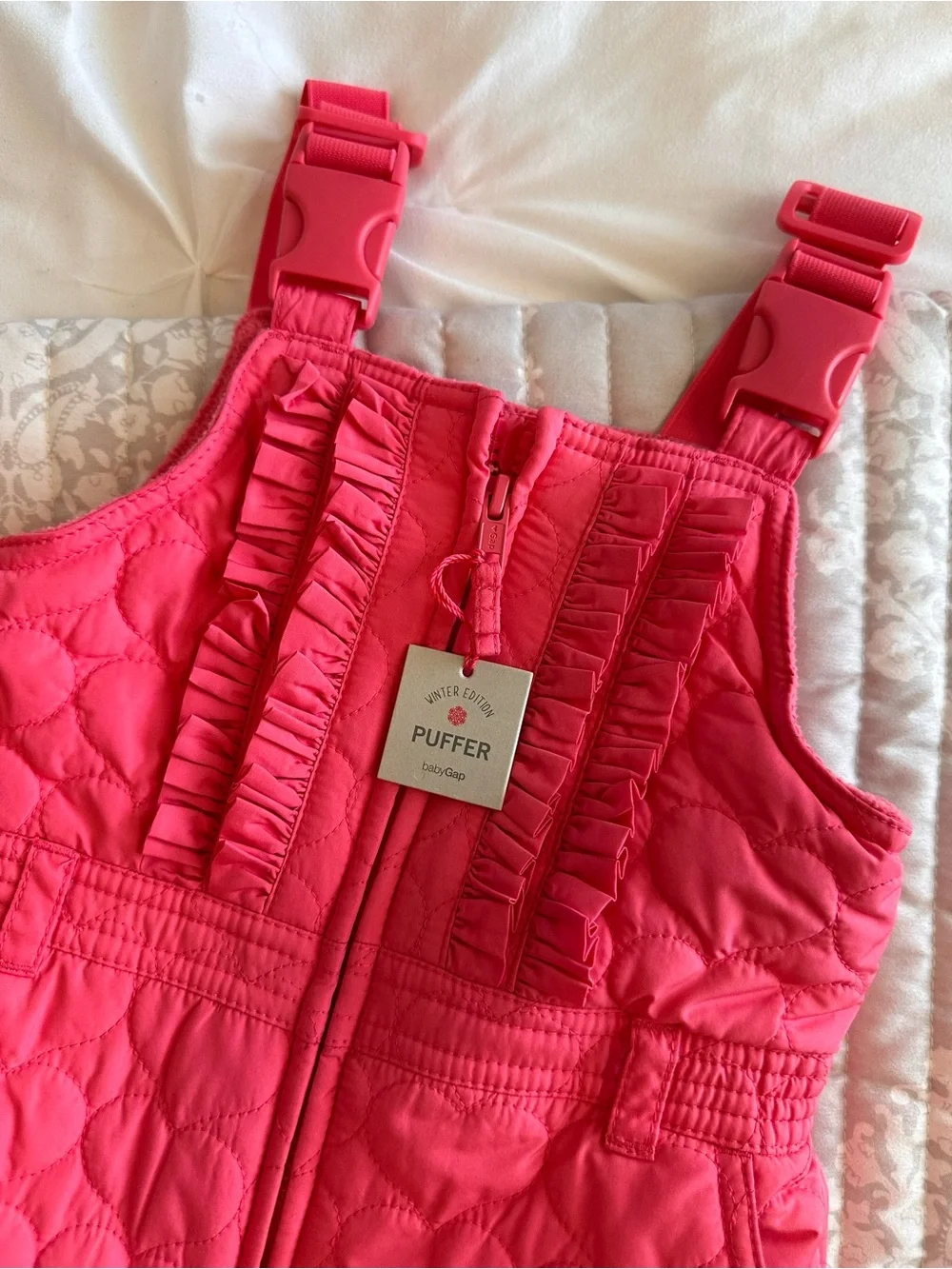 GAP Hot Pink Quilted Heart-Pattern Snow Overalls